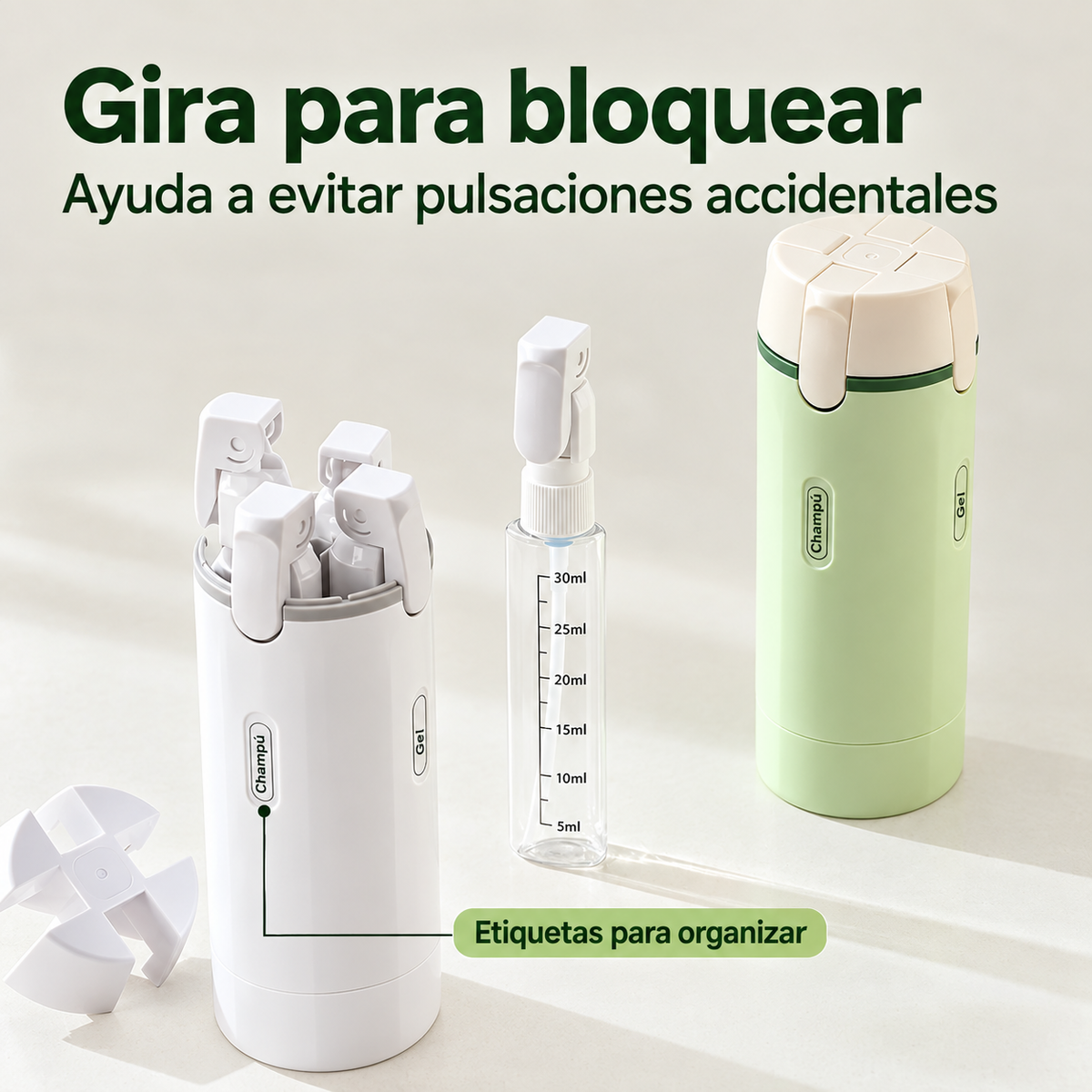 Dispensador de viaje 4 en 1 con etiquetas